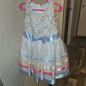 Elegant Floral Kids Dress with Blue and Pink Stripes